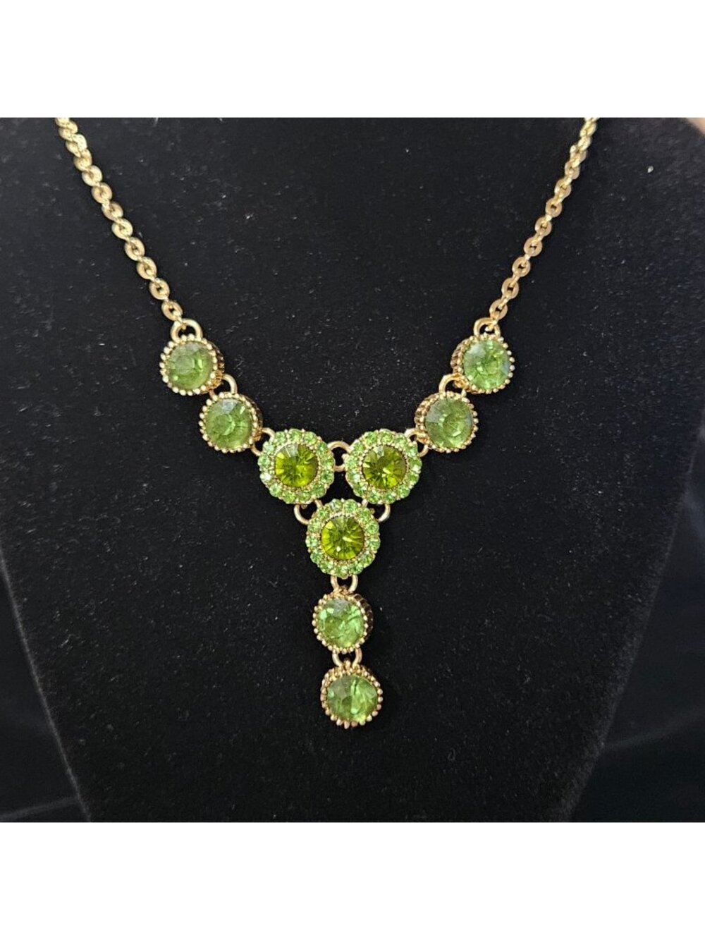 Jillian Michel green rhinestone drop necklace gold-tone metal elegant